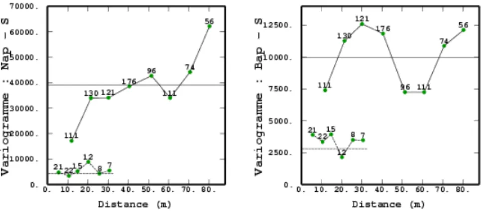 Fig. 4.3 – Site Y - Nap et Bap sur les sondages : variogrammes exp´ erimentaux des donn´ ees ` a 10 m (traits pleins), avec indication de la variance, et des donn´ ees des croix ` a 5 m (tirets), avec indication de la variance.