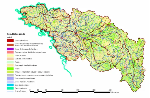FIG. 2-3 : Carte de l’occupation du sol sur le bassin géré par l’agence Loire Bretagne et drains principaux  du réseau hydrographique