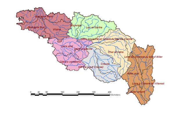 FIG. 2-5 : Carte des bassins versants composant le bassin Loire-Bretagne. Groupement des bassins en 6  commissions géographiques
