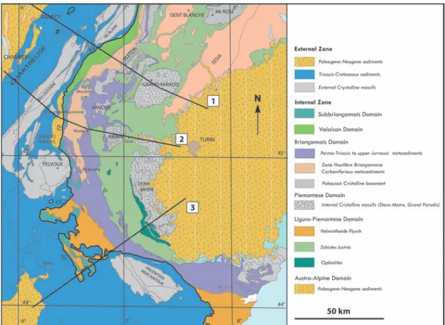 Figure 5.1: Geological map of the western Alps showing the location of the cross-sections: 1: Ecors crop cross-sections, 2: from this study showing in Figure 5.2, 5.3 from (Ford et al