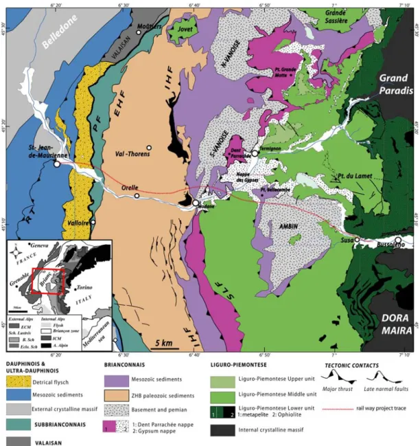 Figure 5.2: Structural map of Maurienne valley, and Saint-Jean-de-Maurienne railway project line, the corresponding cross section is shown in Figure 5.4