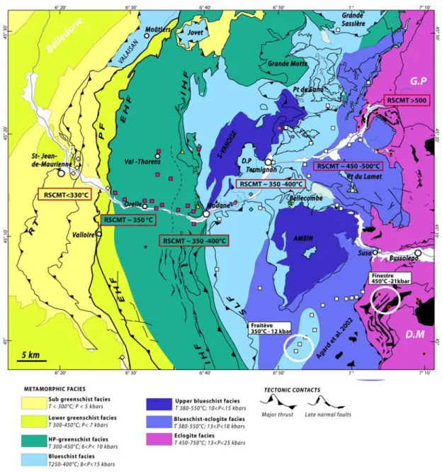 Figure 5.6: Metamorphism structure map of Maurienne valley extract from Oberhänsli et Goffé (2004), Are included, RSCMT samples emplacement (see symbols keys in Figure 5.7) with the range of temperature values measured in each tectonic unit (Gabalda et al.