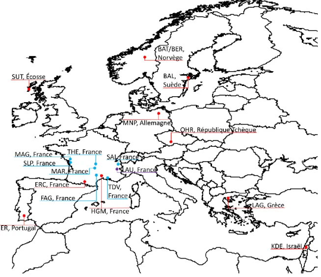 Figure 1.9. Emplacement géographique des sites d’étude des programmes VISTA (rouge)  et DivHerbe (bleu) utilisés dans cette thèse