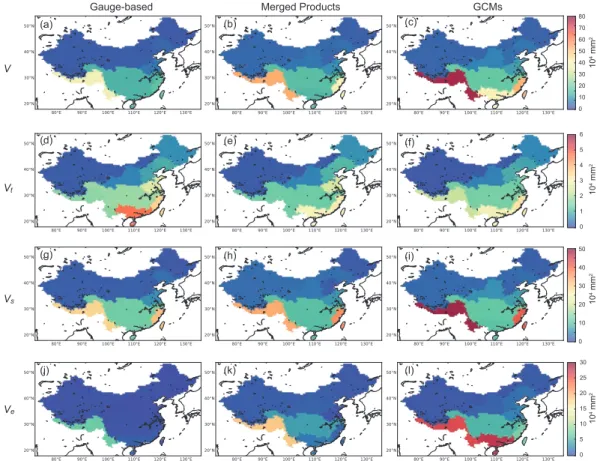 Figure 2.8 – The maps of the grand variance (V) and variances in different dimensions (V t , V s , V e ) for three different precipitation groups.