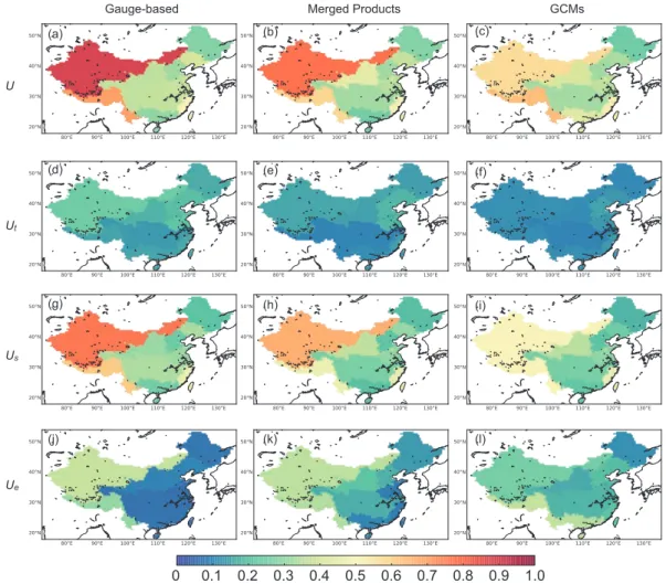 Figure 2.12 – The maps of deviations (U, U t , U s , U e ) estimated as the ratio of the square root of the corresponding variances (i.e., V, V t , V s , V e ) to the regional mean (µ) for three different precipitation groups.