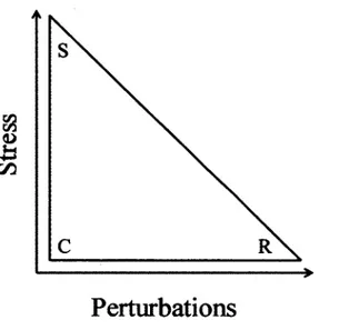 Figure  1.  Le  triangle  C-S-R  de  Grime  représentant  les  trois  stratégies  primaires  en  fonction de deux filtres  environnementaux, soient le stress  et les  perturbations