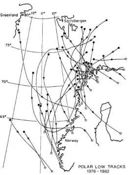 Fig. 2.2 – Trajectoire des polar lows observ´ es par Wilhelmsen entre 1978-1982 (Wilhelmsen, 1985).