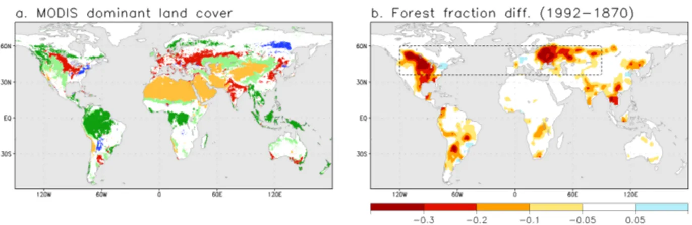 Figure  2:  (a)  Grid-cells  in  a  MODIS-based  vegetation  map  (at  0.05  degree  latitude-longitude)  showing  a  dominant land cover (fraction of 95% or larger) within the land cover groups used in this study: crops (red),  grasses  (lighter  green), 
