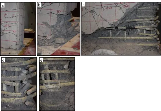 Figure  4.8  –  Failure  progression  of  specimens  G4-80,  G6-80,  and  G4:  (a)  vertical  cover  splitting,  (b)  spalling  of concrete cover, (c)  concrete  crushing  causing  failure, (d)  rupture  of  GFRP tie, (e) fracture of longitudinal bars 