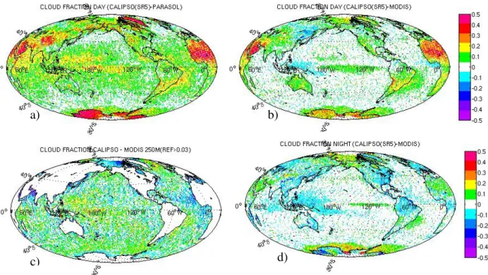 Figure  2.9 :  Cartes  de  différence  de  fraction  nuageuse  entre  le  capteur  actif  (lidar)  et  les 