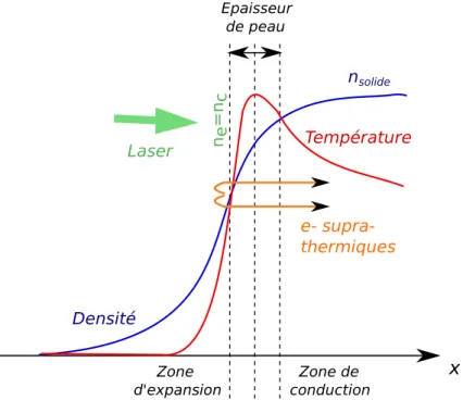 Figure 1.14: Profils de densité et de température d’un plasma obtenu par l’interaction d’une cible solide et d’un laser sub-picoseconde.
