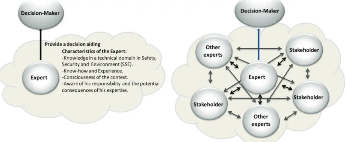 Figure 1. Expertise in SSE as a decision aiding process for Decision-Maker (Left- Situation of expertise in  SSE with an Expert and a Decision-maker; Right- More complex situation in expertise)  