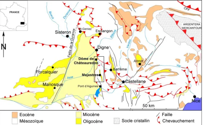 Fig. 1.2. Cadre structural et localisation des dépôts tertiaires du bassin de Digne-Valensole