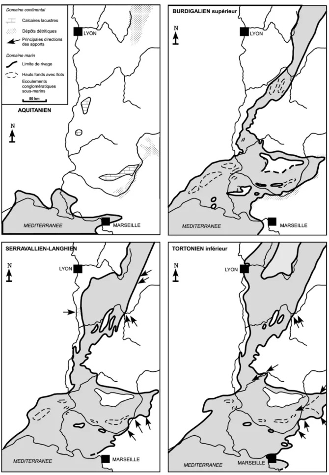 Fig. 1.6. Evolution paléogéographique du bassin du Sud-Est au Miocène (Demarcq &amp; Perriaux, 1984)