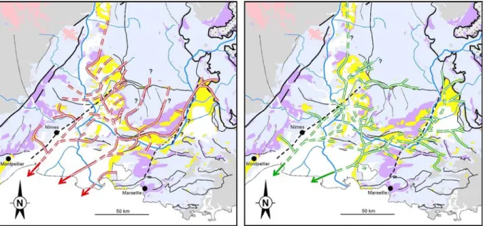 Fig. 1.8. Réseaux de vallées incisées dans le Bassin rhodanien, au Burdigalien (en rouge) et au Langhien (vert)
