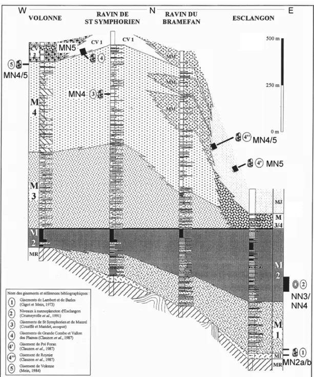 Fig. 1.9. Lithostratigraphie du remplissage du bassin de Digne-Valensole. MR, Molasse Rouge, MI, Molasse 