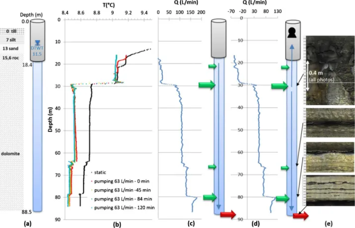 Figure 10. Wellbore #4 logging: (a) wellbore characteristics, (b) temperature profiles, (c) “static” flowmeter profile, (d) flowmeter  profile with pumping, (e) televiewing
