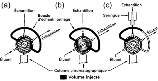 Figure II-3. Vanne d’injection à boucle externe. 10  (a) Remplissage total de la boucle avec l’échantillon