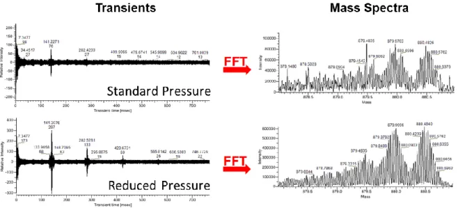 Figure 18 - Effect of pressure on recorded transient and spectral resolution for the 33 +  charge state of 