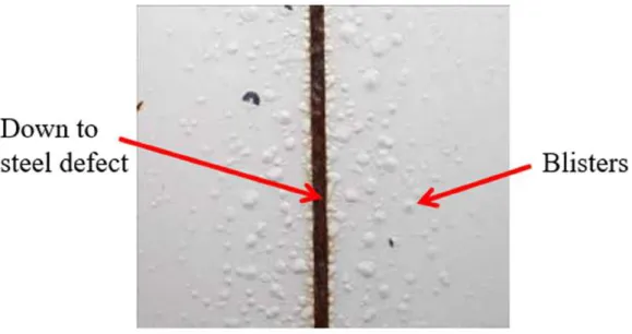 Figure 7 : Blistering around the down to steel defect after 22 months of natural exposure in a marine  environment 