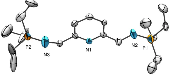Figure 8 - ORTEP de L Et  – Les atomes d’hydrogènes ont été omis pour plus de clarté. Longueurs de liaisons (Å) et angles (°)  sélectionnés : N2-P1 1,57(1), N3-P2 1,55(1) ; C6-N2-P1 121,4(7), C7-N3-P2 130(1)