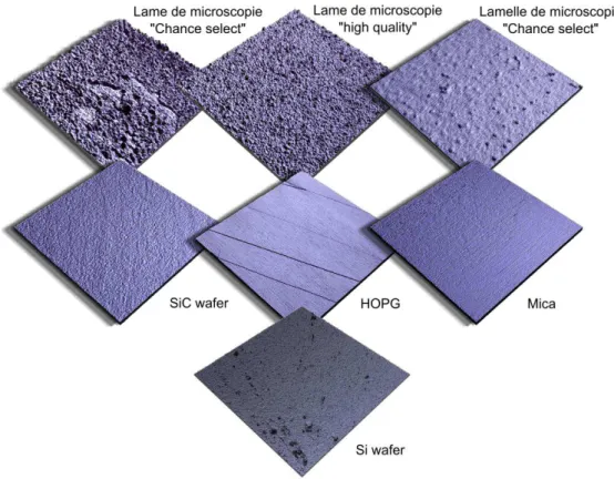 Figure 2-4 : Image AFM (2 µm x2 µm) des différents substrats étudiés. La même échelle en verticale  est utilisée pour chacune des illustrations