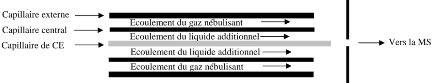 Figure 5 : Schéma de l’interface à  liquide additionnel coaxial pour le couplage CE/ESI-MS 