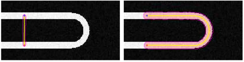 Fig. 10 Comparing segmentation results, on a synthetic “U” shape, when using isotropic and anisotropic models