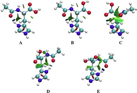 Figure 3. The nature of non-covalent interactions within the structures A, B, C, D and E