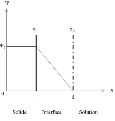 Figure II.2 : Schéma de l’interface solide-liquide selon le modèle d’Helmholtz. Ψ 0  (V) 