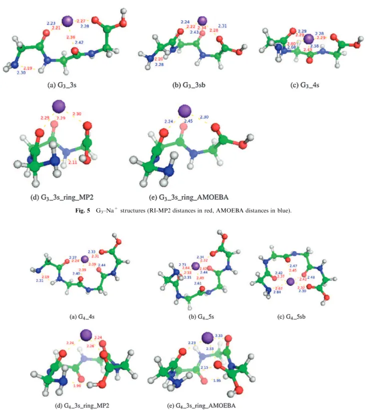 Fig. 6 G 4 –Na + structures (RI-MP2 distances in red, AMOEBA distances in blue).