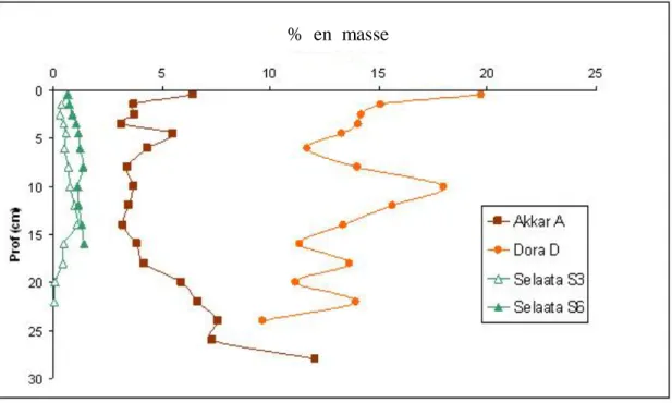 Figure I.7. Profils verticaux du pourcentage de la fraction fine (&lt; 63 µm) en fonction de  la profondeur des sédiments des trois sites Akkar (A), Dora (D) et Selaata (S3 et S6)