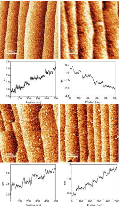 Figure  2.2.  AFM  images  (500  ×  500  nm 2 )  of  a  Si  (111)  surface  after  each  step  of  the  functionalization:  (a)  hydrogenated  Si-H  surface;  (b)  acid  terminated  Si-COOH  surface;  (c)  activated Si-COOSuc surface and (d) Si-Pyridine te