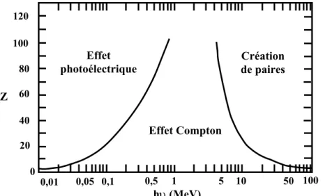 Figure I 3 : Interactions entre rayonnement et matière en fonction du numéro atomique Z et de l’énergie des photons.