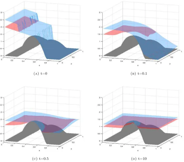 Figure 4. Evolution of the two interfaces of salt (red) and fresh (blue) water.