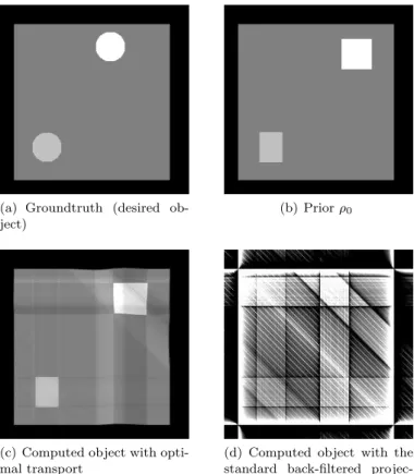 Figure 5.3. Example 2 : there is mass outside the two disks. We see in (c) that the whole band containing the square has been transported and not the square only