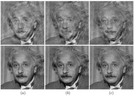 Fig. 7. Top: degraded images f k = (K +s k )∗u+n k , k = 1, 2, 3 (out of 10 data frames),