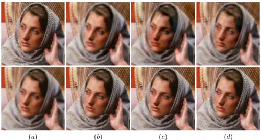 Fig. 13. (A) Top: (a) original image, (b)-(d) degraded images f k = (K + s k ) ∗ u, k = 1, 2, 3 (out of 10 data frames), with the pill-box kernel K of support 71 × 71 and