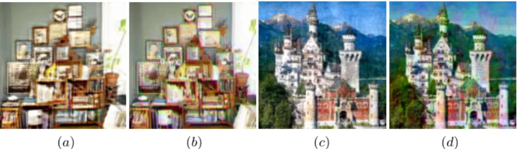 Fig. 3. Degraded images (K + s) ∗ u, (a)-(b): with Gaussian blur kernel K of support 22 × 22 with σ b = 1, s ∼ N (0, 4 2 ), (c)-(d): with Gaussian blur kernel K of support