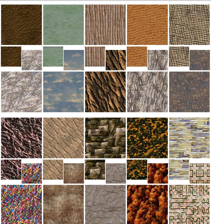 Fig. 1 Result of our algorithm (big images) for several exemplar (small images). The last examples are the most difficult because they simultane- simultane-ously exhibit many small sharp details and large geometrical structures.