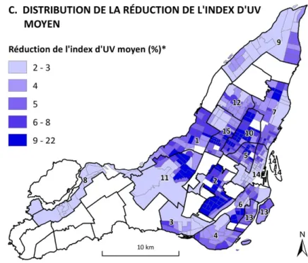 Figure 4.2  Distribution de la réduction de l'index de rayons ultraviolets (UV) par les arbres de rue 