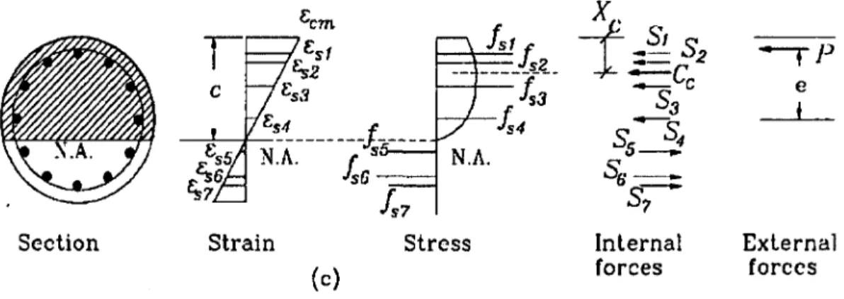 Figure 2-23:  Theoretical moment-curvature analysis: section with strain,  stress,  and force distribution  (Samra et al