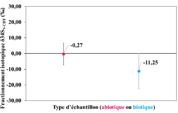 Figure II-10: Fractionnements isotopiques obtenus sur des sulfures de fer abiotique ( rose ) et biotique  ( bleu ) formés dans des conditions aqueuses à température ambiante 