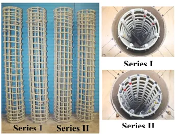 Figure 3.1– Samples of the assembled GFRP cages and cross sections (series I and II) Series I