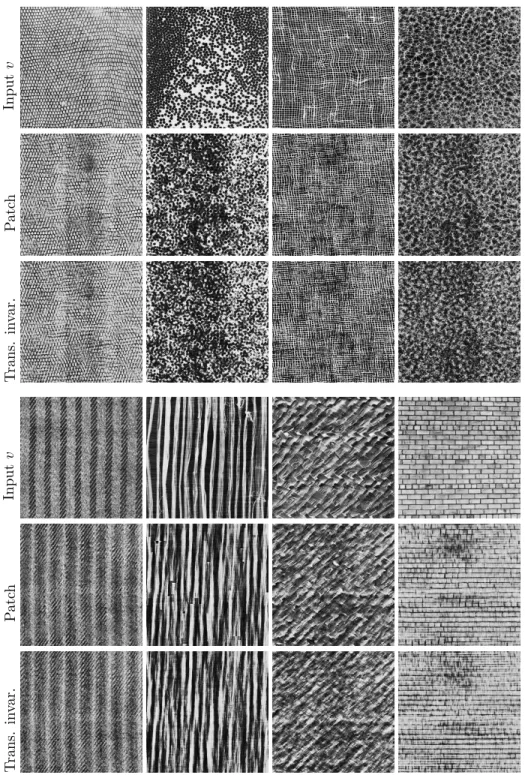 Fig. 3.4: Synthesized images using the sparse decomposition ( 3.9 ) from Sect. 3.3 . The rows show respectively: the input image v, the synthesized image using the  patch-based decomposition (case #1), the synthesized image using the translation-invariant 