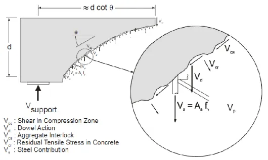 Figure  2-13 Shear transfer actions contributing to shear resistance  2.6.1.1  Shear stresses in un-cracked concrete 