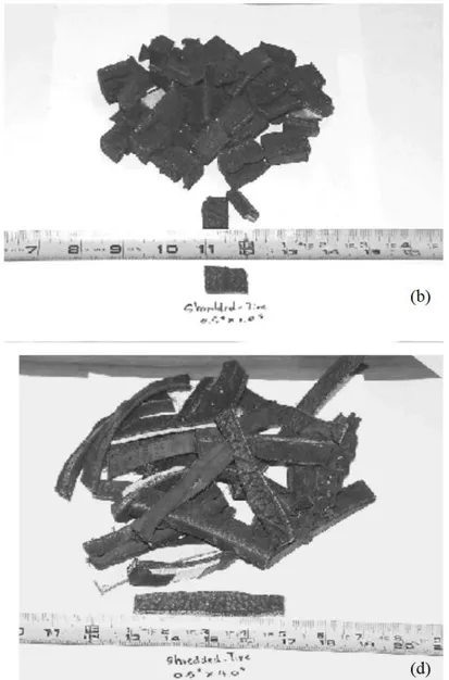 Fig. 1. View of tire shreds with different aspect ratios: (a) η = 1; (b) η = 2; (c) η = 4; (d) η = 8 