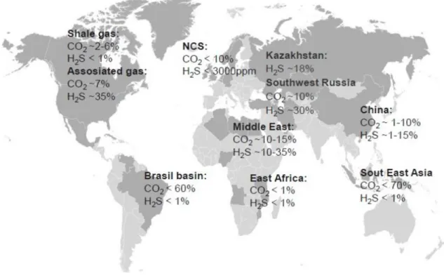 Figure 1-2 Global distribution of CO 2  content in natural gas reserve [10] 