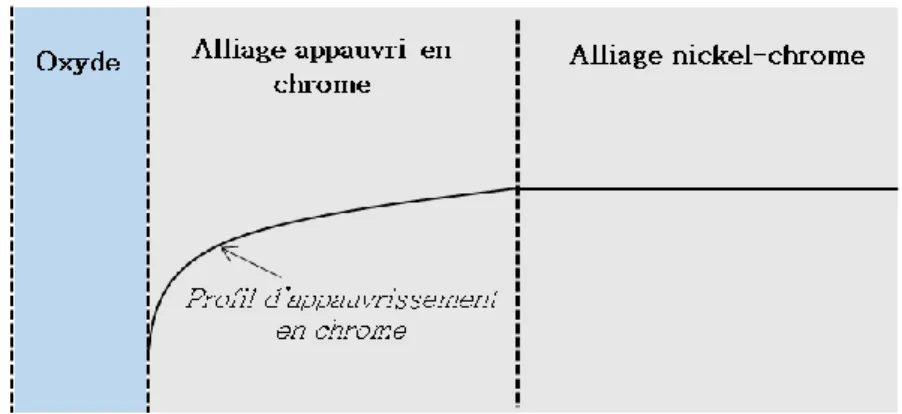 Figure II - 2-1 : Schéma représentant un profil d’appauvrissement en chrome dans un alliage Ni-Cr associé à  l’oxydation sélective du chrome