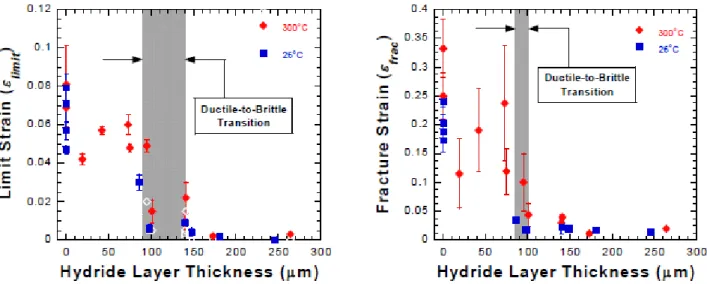 Figure 63 : &#34;Limit strain&#34; et &#34;fracture strain&#34; en fonction de l'épaisseur de rim à 25°C et 300°C sur des  tronçons de Zy-4 détendu hydruré (Daum et al